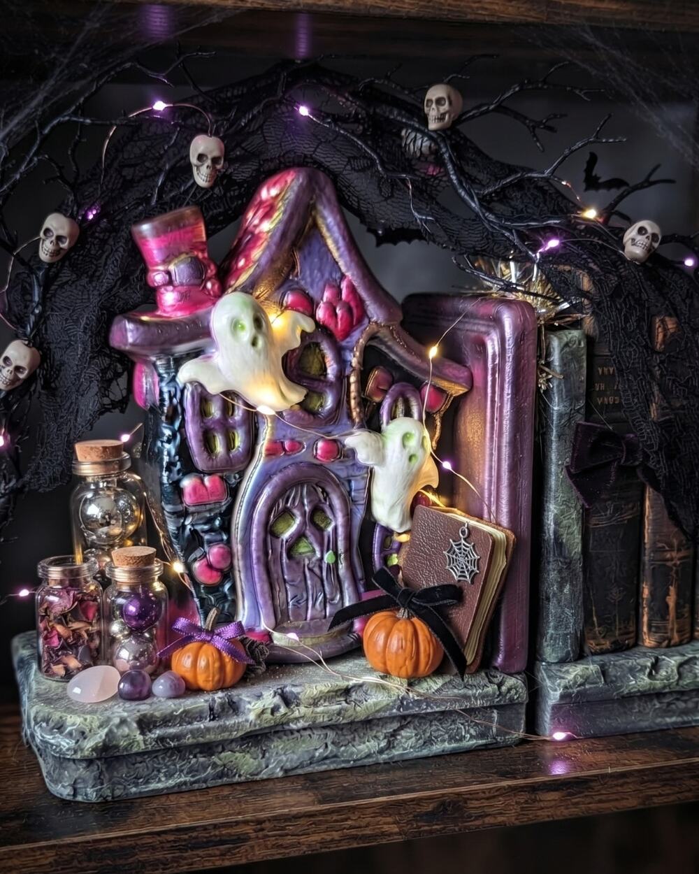 Hand-Painted Haunted House Figurine Spooky Gothic Halloween with Ghosts